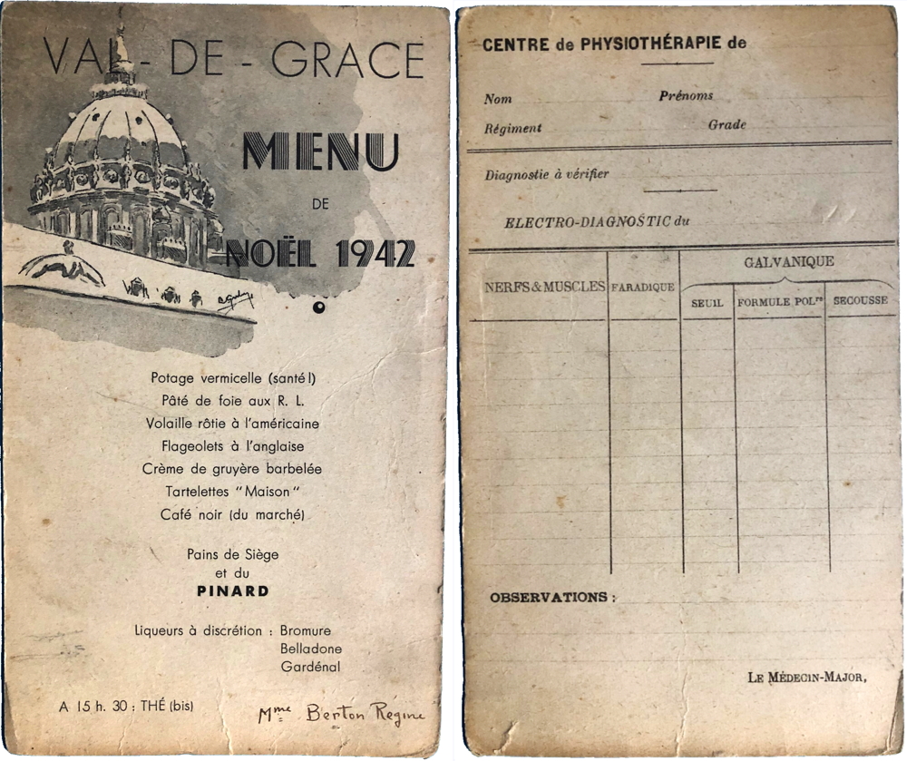 Imprimé au verso d’un formulaire médical militaire, ce menu “résistant” ne manque pas d’ironie. © Patrice Cotensin.