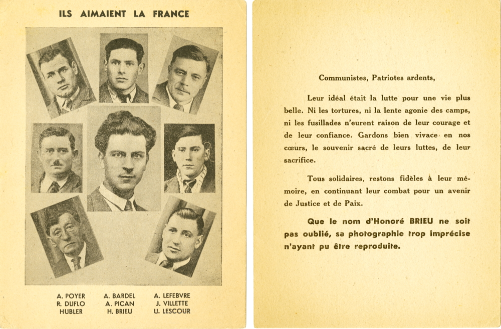 Hommage aux militants de Maromme disparus. Carte-souvenir éditée après guerre (recto et verso). Plusieurs noms sont mal orthographiés, dont celui de Marcel Lecour (« U. Lescour »), en bas à droite. Collection Martine Groult.