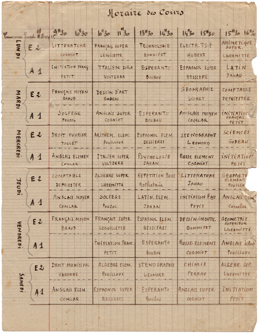 Emploi du temps des cours donnés par l’organisation des détenus, noté par Angel Martin le 16 mars 1942. Collection José Martin, son frère. Droits réservés.