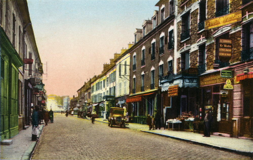 Essonnes. La rue de Paris. Carte postale colorisée. Collection Mémoire Vive.