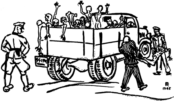 Chargement des morts et mourants pour les Krematoriums de Birkenau. Dessin de François Reisz, extrait de Témoignages sur Auschwitz, édité par l’Amicale des déportés d’Auschwitz au 4e trimestre 1946.