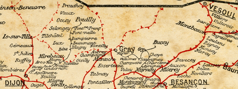 La gare de Gray indiquée sur une carte du réseau PLM ; les gares situées dans les prolongements sur le réseau de l’Est ne sont pas indiquées…
