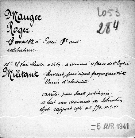 JPEG - 164.6 ko Fiche de police du commissariat d’Ivry-sur-Seine. 10 x 15 cm (hauteur modifiée). Fichier de militants (CGT et PCF). Musée de la Résistance Nationale de Champigny-sur-Marne (94)