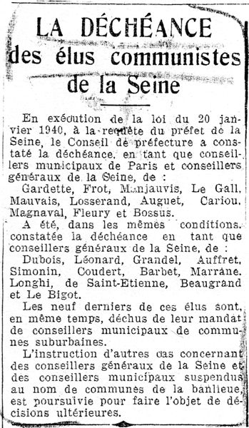 Le Populaire, quotidien édité par la SFIO, édition du 10 février 1940. Archives de la préfecture de police, Paris.