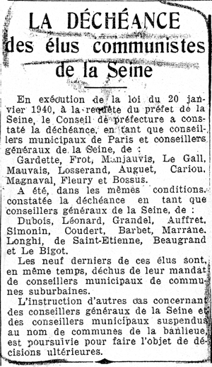 Le Populaire, quotidien édité par la SFIO, édition du 10 février 1940. Archives de la préfecture de police, Paris.