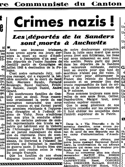 La Vie Nouvelle, hebdomadaire communiste du canton, datée du 2 juin 1945. Le sort de Georges Abramovici, séparé de ses camarades au camp de Voves, n’est alors pas connu. Le journal s’inquiète également pour trois conseillers municipaux de Gentilly également déportés dans le convoi du 6 juillet 1942. Archives communales de Gentilly.