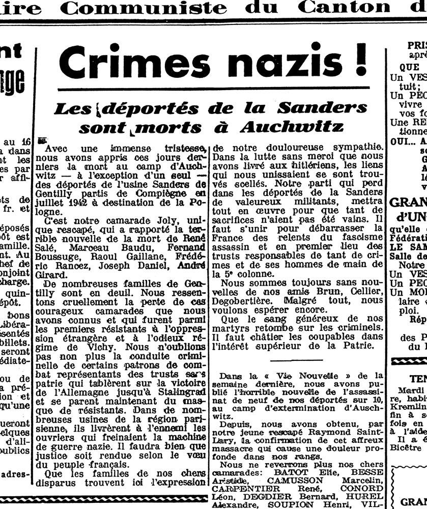 La Vie Nouvelle, hebdomadaire communiste du canton, datée du 2 juin 1945. Le sort de Georges Abramovici, séparé de ses camarades au camp de Voves, n’est alors pas connu. Le journal s’inquiète également pour trois conseillers municipaux de Gentilly également déportés dans le convoi du 6 juillet 1942. Archives communales de Gentilly.